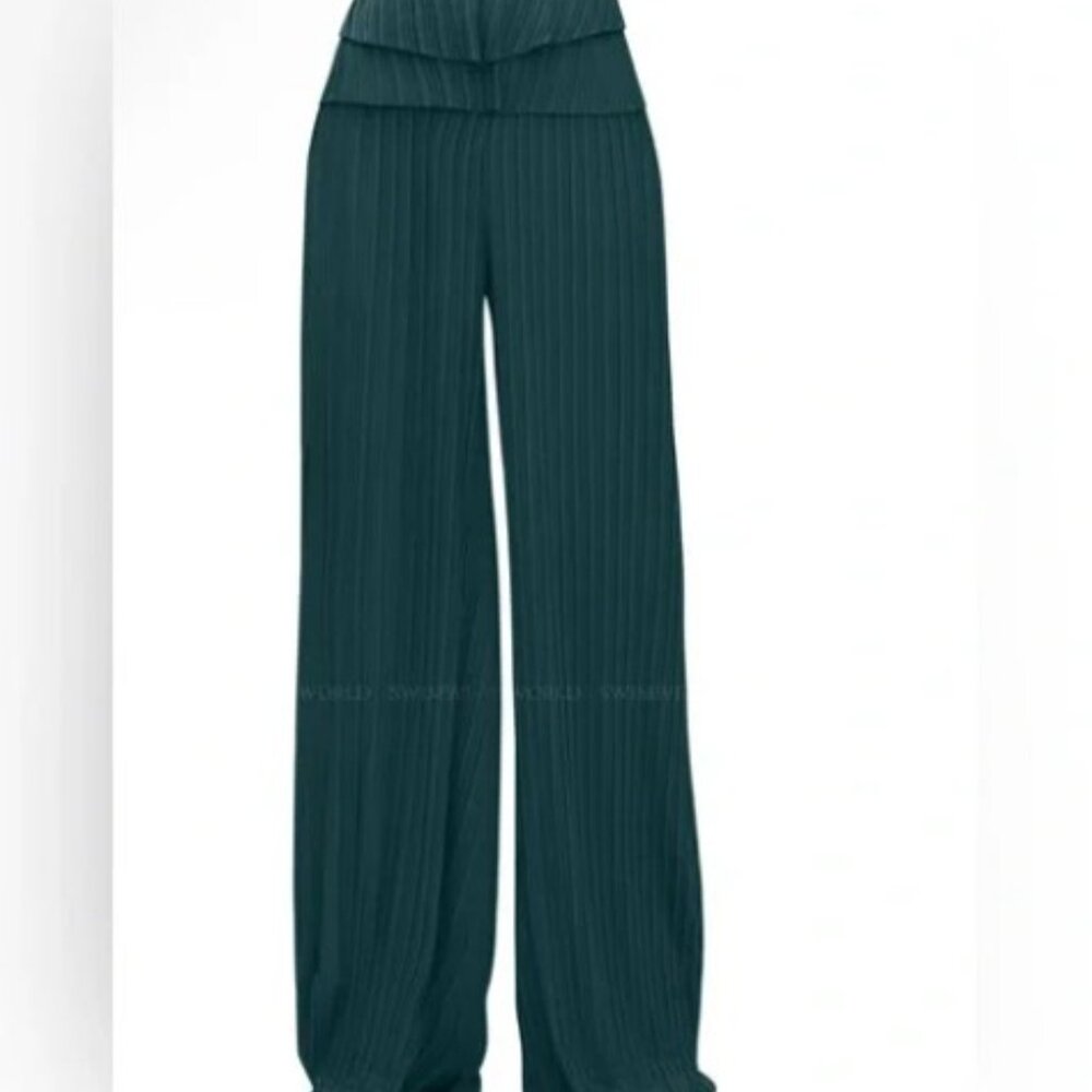 Andrea Iyamah Teal Wide-Leg Pleated Pants - Picture 3 of 6